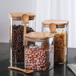 Borosilicate Glass Canister Kitchen Food Storage Containers with Wood Lids and Spoon for Coffee Beans Loose Tea Nuts Sugar Candy Spice