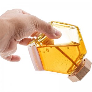 Hexagon Shape Glass Honey Jar with Dipper Honey Pot Jar with Wooden Cork Lid 100ML 220ML 380ML