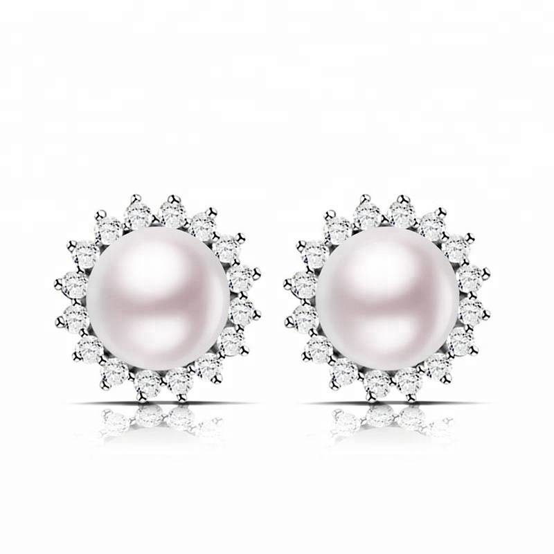 925 Sterling Silver Women Stud Earring Freshwater Pearls&AAA Zircon Fashion Charm Earring Jewelry For Female 9-9.5mm