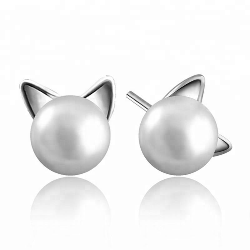 925 Sterling Silver Cute Cat Earrings Freshwater Pearl Cat Ear Earrings For Lovers Woman Jewelry