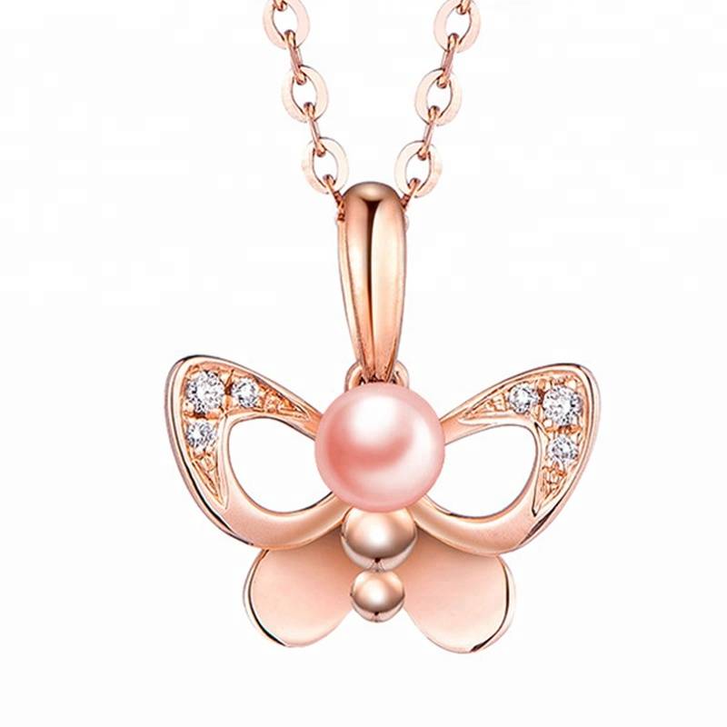 100% 925 Sterling Silver Zircon Pearl Women Butterfly Necklace Pendant