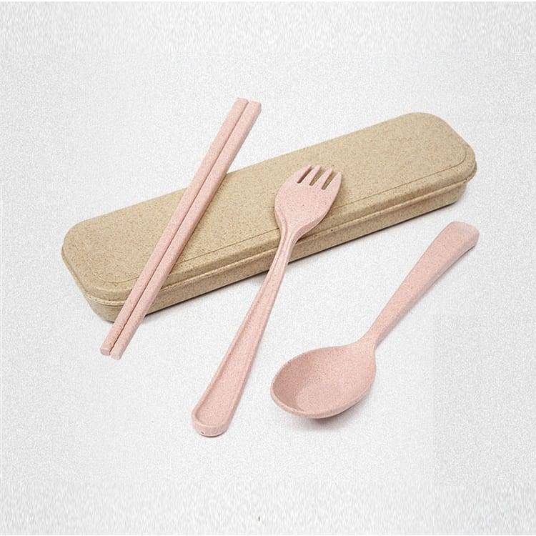 Paʻa Wheat Straw Spoon Fork Chopsticks Portable Cutlery Set with Case no ka huakaʻi