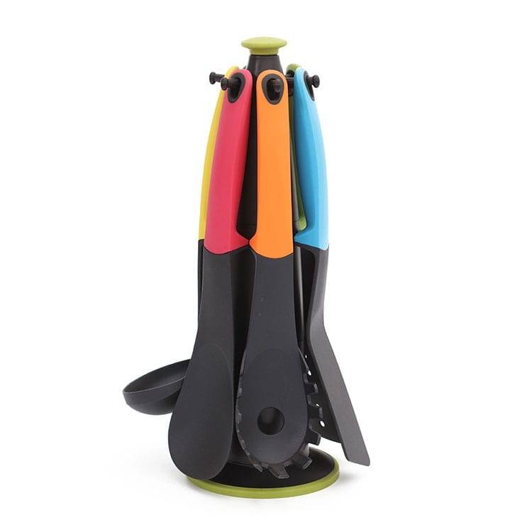 Set de ferramentas de cociña en nylon multicolor de 7 pezas con soporte de almacenamento rotativo