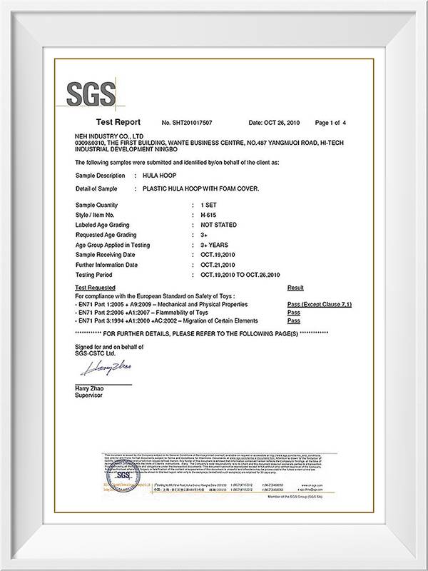 Hula hoop EN71 testing report by SGS