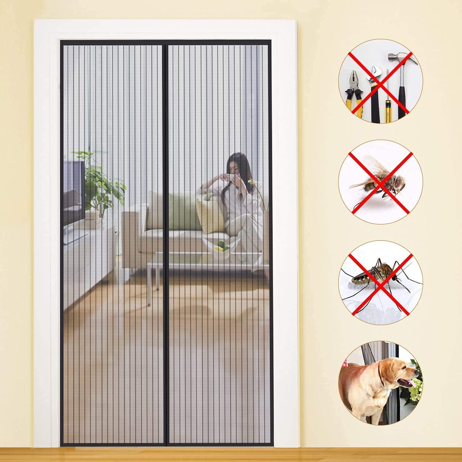 Magnetic screen door curtain fiberglass mesh curtain with full frame hook&loop Featured Image