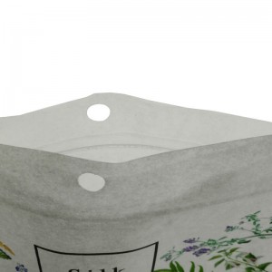 Color printed biodegradable PLA and white kraft paper stand up packaging bags with round hold