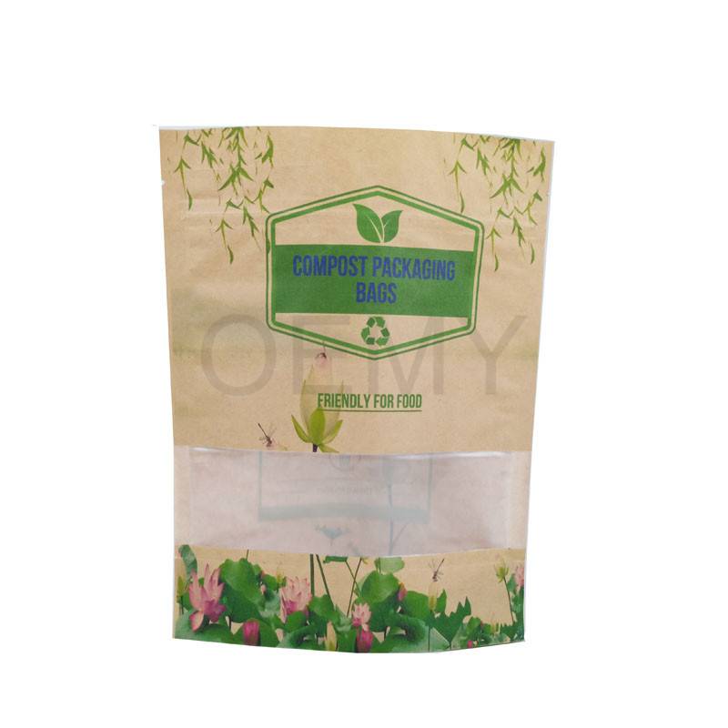 Fully biodegradable stand up packaging kraft paper bags with window and zipper Featured Image