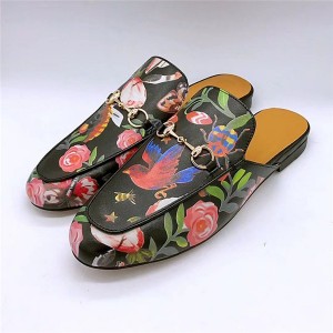 Black Flower-Birds Printing Leather Designer Shoes Fashion Half-Slippers Loafers 35 To 46 Big Yard Size