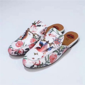 Famous Brand Flower And Bird Print Shoes Outdoor Flat Half-Slippers With Horsebit Buckle