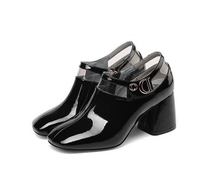 Black Patent Leather Shoes Women Big Heel Shoes