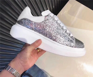Very Popular Silver Sequin Thick-Soled Cowhide Trainers For Couples