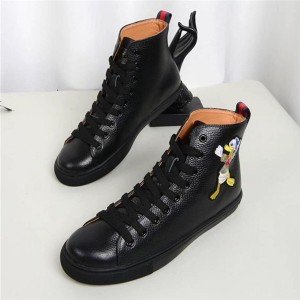 Black Outsole Embroidery Ankle Sneakers Cow Skin