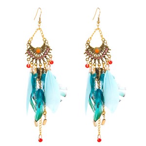 Wholesale Europe And The United States Brand Women Blue Feather Earrings Bohemia Ethnic Earrings