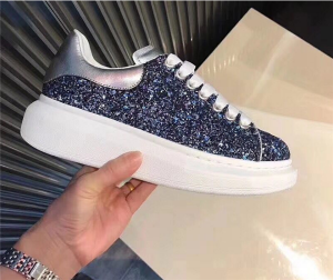 Dark Blue Sequin Sneakers For Couples Thick-Soled Leather Shoes