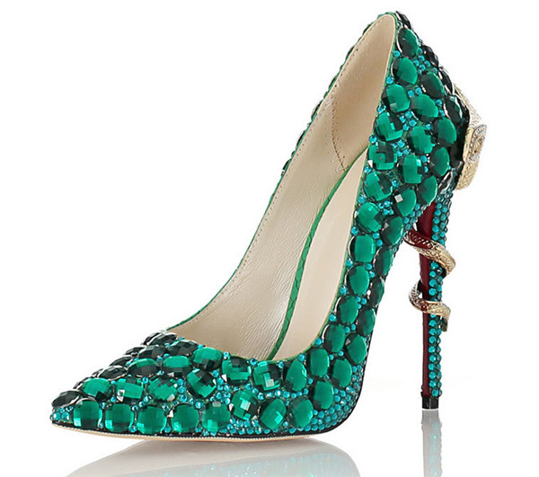 Women Exquisite Green Rhinestone Stiletto Shoes Featured Image
