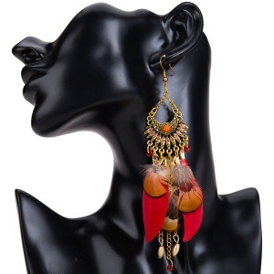 Wholesale Women Bohemian Earrings Red Feather Earrings