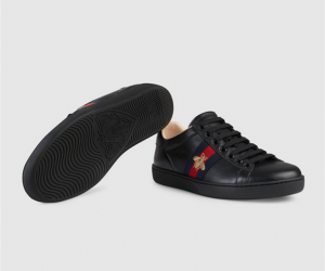 Black Cow Hide Sports Sneakers Shoes With Bee Embroidery