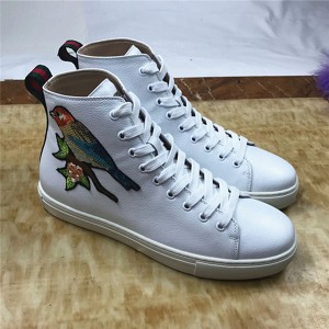 White Leather Sneaker With Colorful Bird And Flower Embroidery