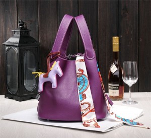 High Quality Purple Handbags For Women Mini Bucket Bag With Silk Scarf