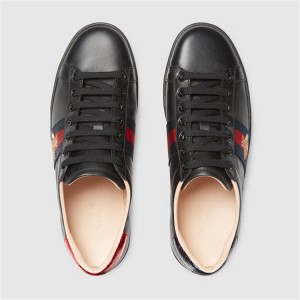 Black Cow Hide Sports Sneakers Shoes With Bee Embroidery