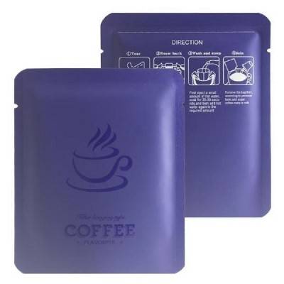 Didmeninis matinis tamsiai mėlynas 10x12,5 cm lašinamas kavos maišelis, karštai uždaromas pakabinamas ausų filtras, kavos išorinis maišelis, atviras viršutinis pakuotės maišeliai su plyšimo įpjova sandėlyje