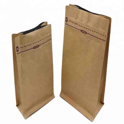 Flat Bottom Stand Up Zipper Kraft Paper Recyclable Coffee Bag Custom Printed With Valve