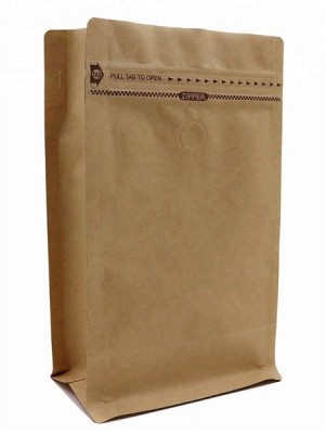 Flat Bottom Stand Up Zipper Kraft Paper Recyclable Coffee Bag Custom Printed With Valve