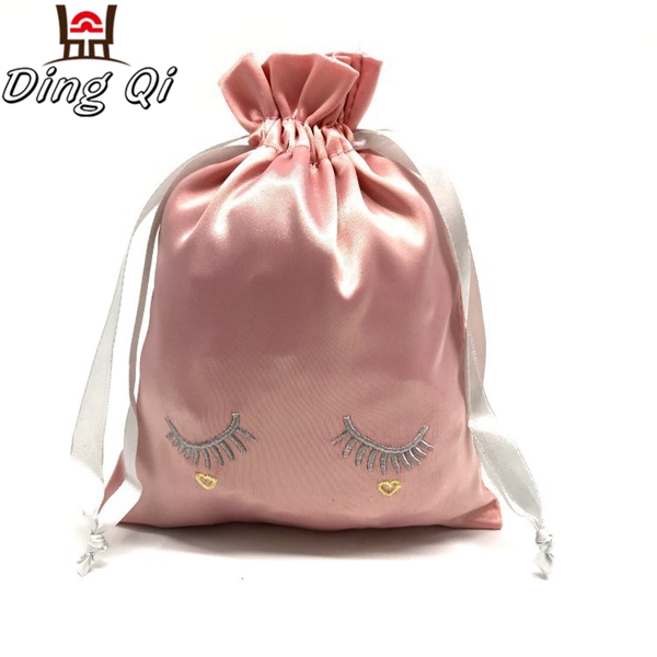Pink satin drawstring cosmetic bag wedding pouch gift silk bag