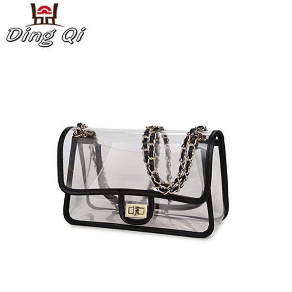 Fashion ladies shoulder black pvc transparent handbag with turn lock