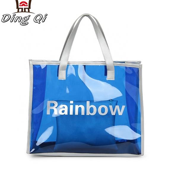 Custom logo fashion ladies colored transparent pvc beach bags with zipper pocket handbag