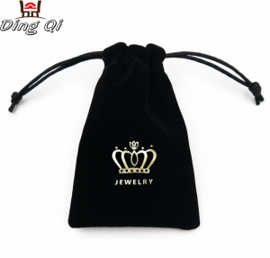 Custom logo printed gift packaging black velvet drawstring bags for jewelry