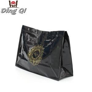 Portable waterproof glossy black pvc stand up cosmetic bag