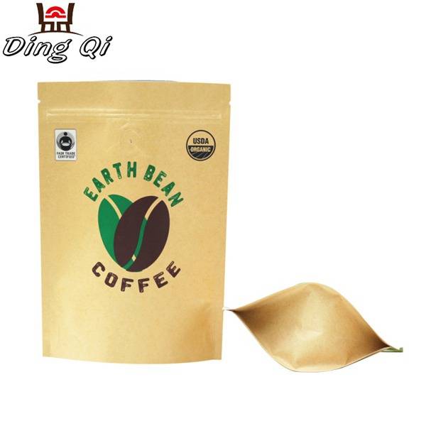 Brown kraft paper stand up coffee bag with zipper and valve