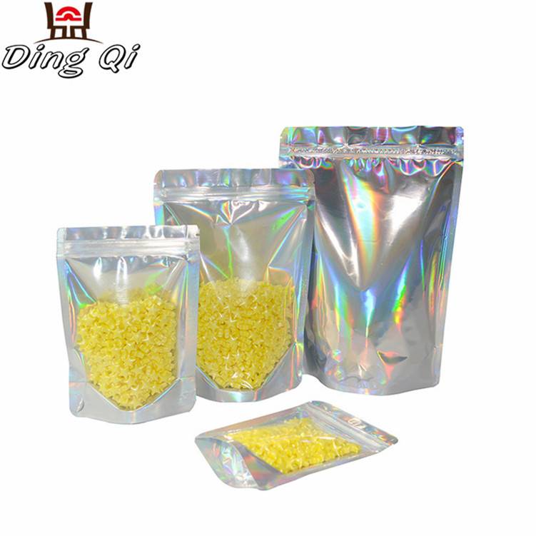Stock hot sell plastic stand up holographic ziplock bags with window