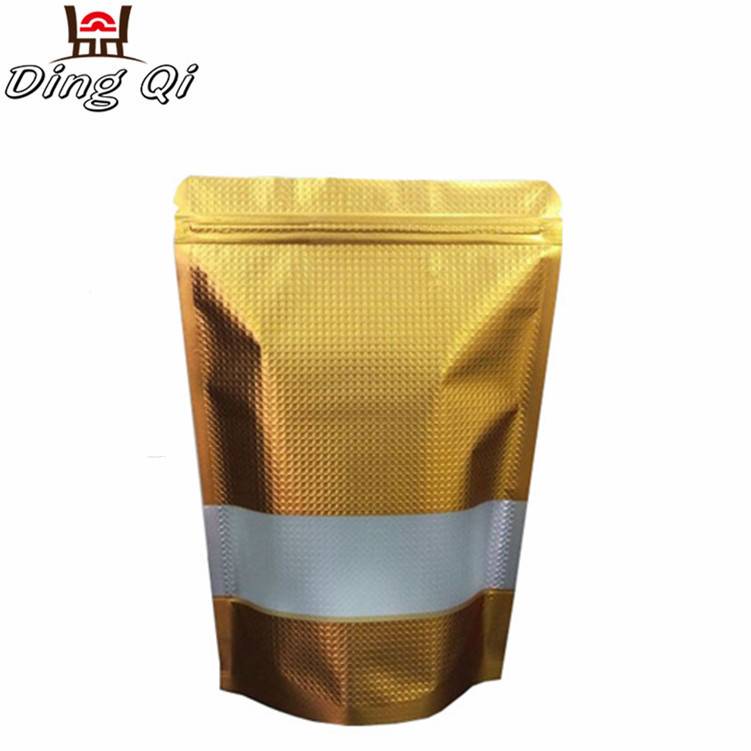 Stock foil lined golden embossing food grade plastic zipper stand up bag with window