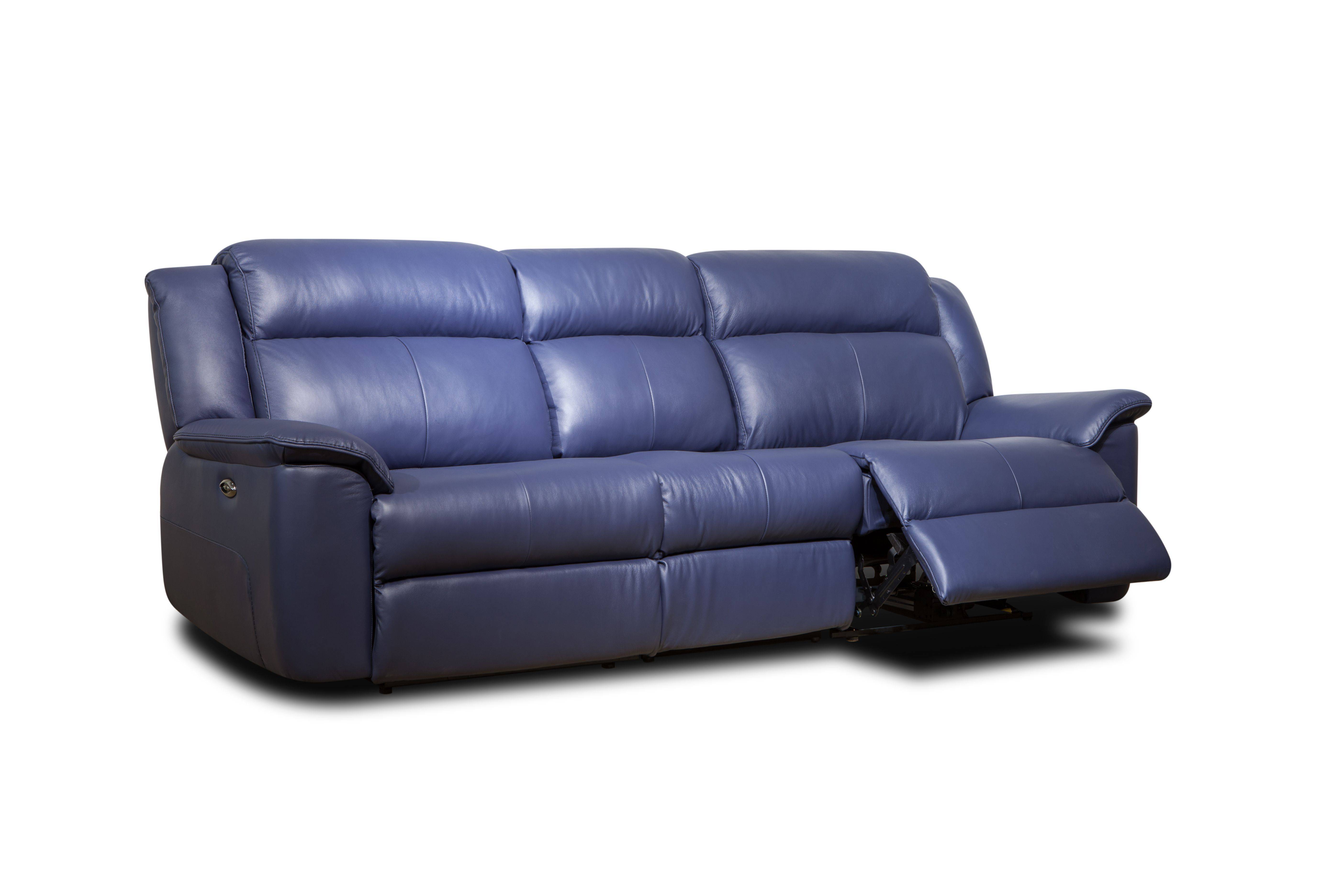 Modern blue leather 3 seater electric sofa recliner with chaise