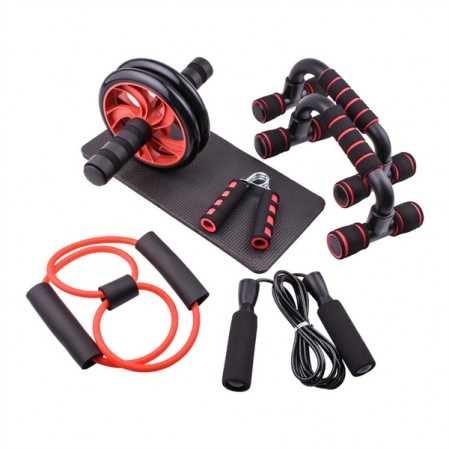 Fitness Set With AB Roller Push Up Stand Jump Rope And Resistance Band