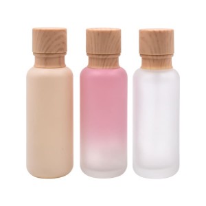 120ML 4OZ Empty Frosted Glass Lotion Bottle with White Pump Head and wood grain Cap