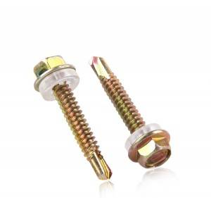 High quality yellow zinc DIN7504k glass 3 Hex head self drilling screws with pvc washer