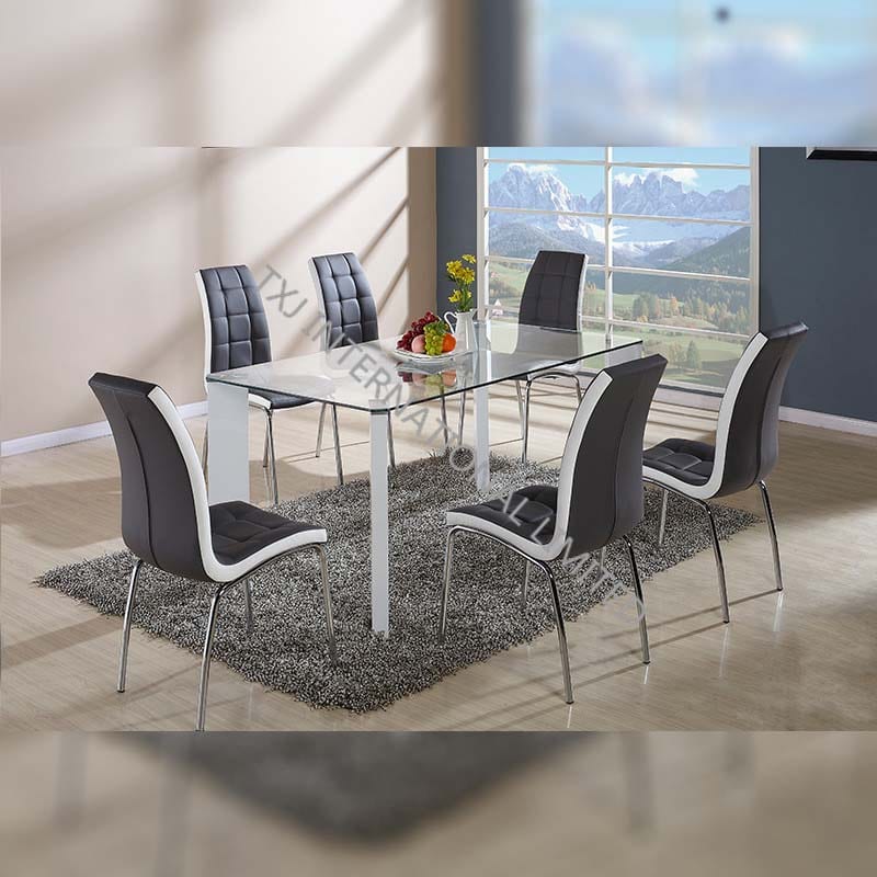 BD-1414 Tempered Glass Dining Table With 6 Chairs Set Featured Image