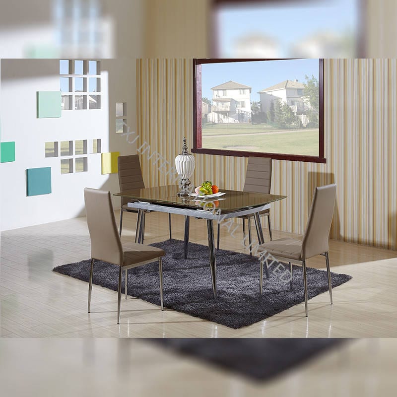 TD-1451 Brown Tempered Glass Extension Dining Table , With Metal Leg Featured Image