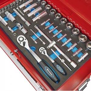 Red three-layer iron tool box with tools