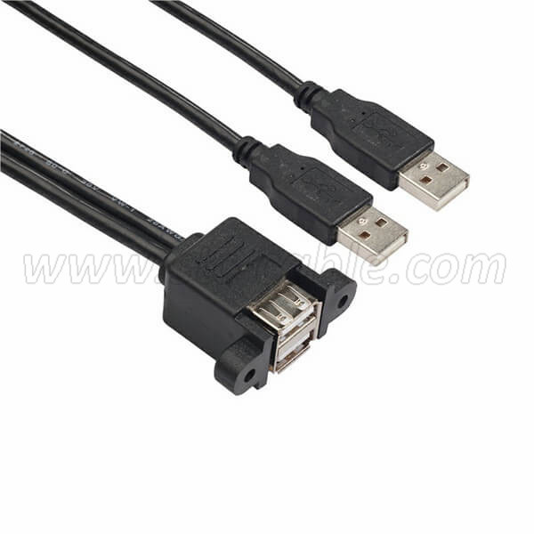 Dual USB 2.0 Type A Female to USB A male Cable with Screw Panel