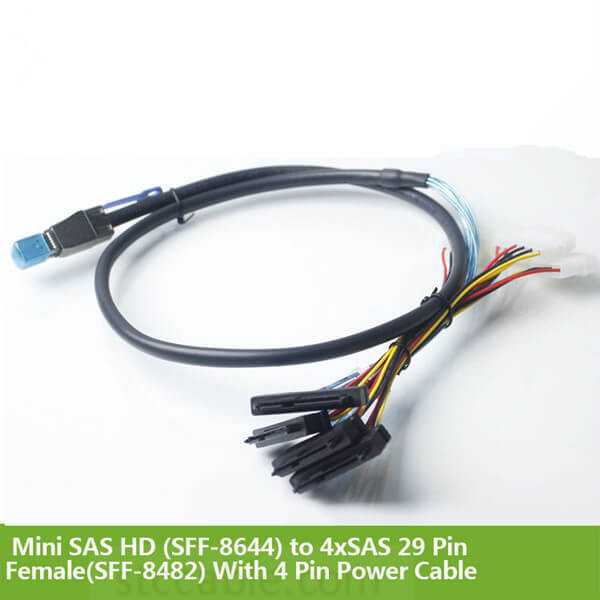 Mini SAS HD (SFF-8644) to 4xSAS 29 Pin Female(SFF-8482) With 4 Pin Power Cable 1M