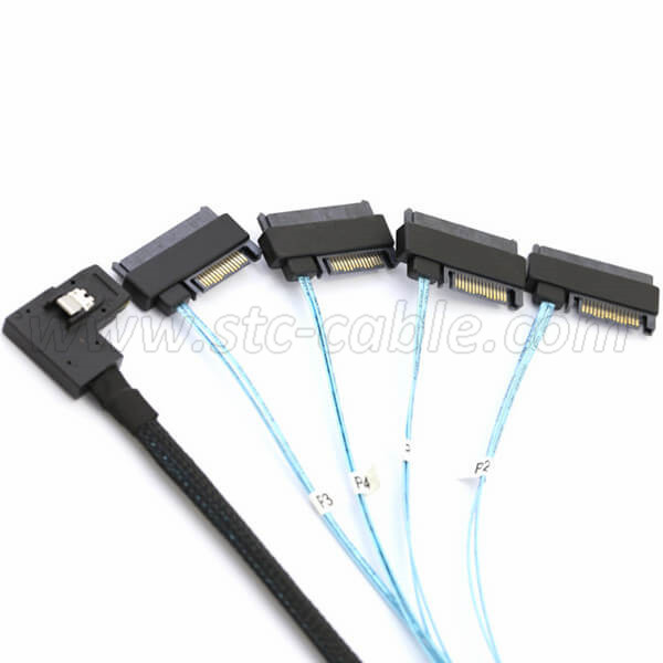 SFF-8087 right angle to 4 SAS 29-Pin SFF-8482 Cable with sata power