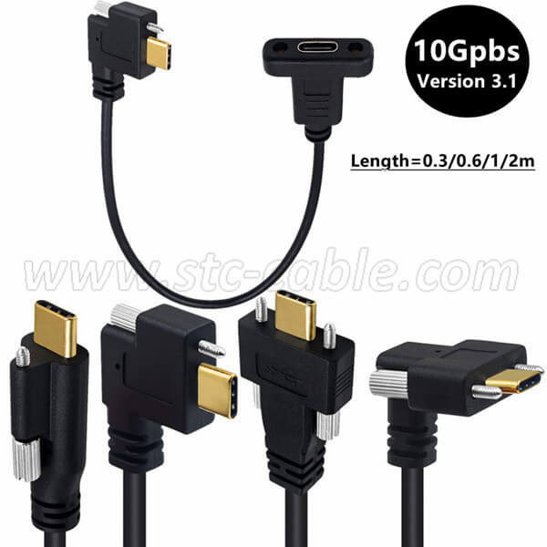 Screw Locking USB 3.1 Type C Male to Type C Female with Panel Mount Screw Hole Data and Charging Cable