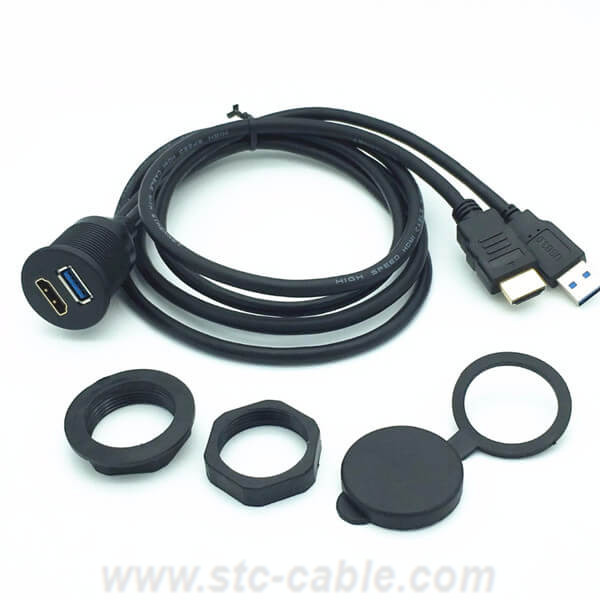 USB 3.0 & HDMI to HDMI + USB3.0 AUX Extension Dash Panel Waterproof Car Flush Mount Cable 1M