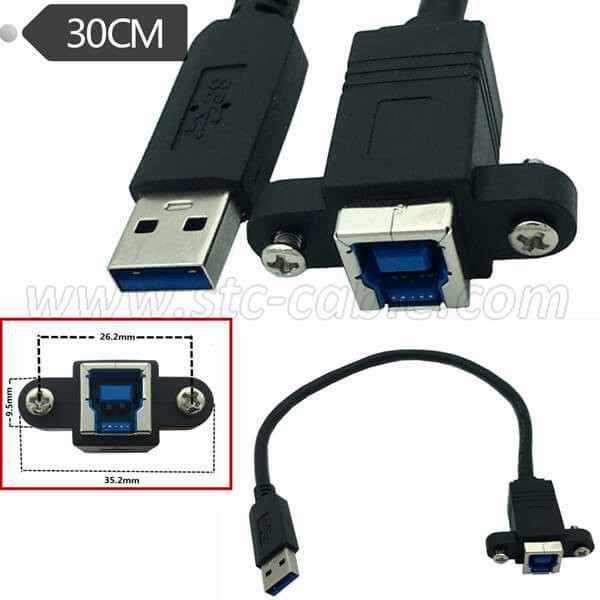 USB3.0 A male to B female panel mount printer extension cable with screws