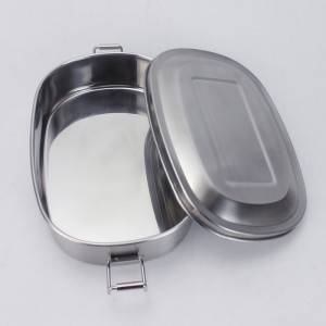 Stainless-steel oval lunch box with lock.