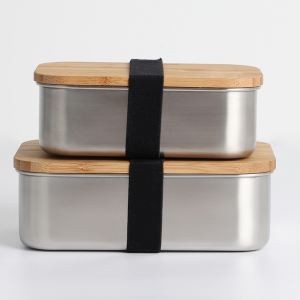 Простая металлическая коробка для завтрака из нержавеющей стали SGS с бамбуковой крышкой.